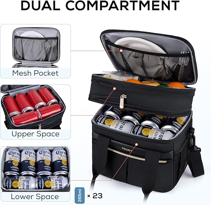 TOURIT Insulated Lunch Box Bag, Double Deck Leakproof Cooler Tote for Work Office Picnic, Expandable Lunch Container, Black