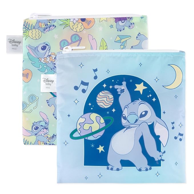 Bumkins Reusable Sandwich and Snack Bags, for Kids School Lunch and for Adults Portion, Washable Fabric, Waterproof Cloth Zip Bag, Travel Pouch, Food-Safe Storage, Large 2-pk, Disney Stitch