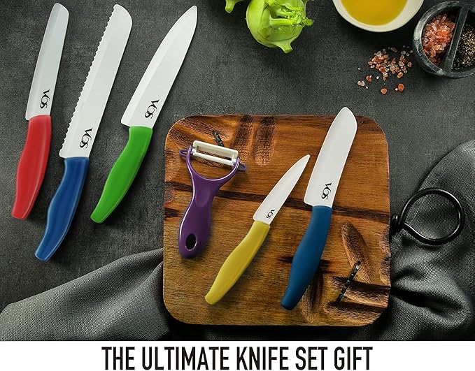 Vos Ceramic Knife with Peeler, Ceramic Knives Set For Kitchen, Ultra Sharp Kitchen Knife Set with Covers, 4"5"6"7"8" Paring, Chef Knife, Santoku & 2 more, Lightweight, Dishwasher safe (Multi-Color)