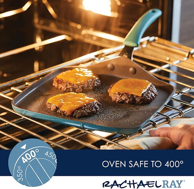 Rachael Ray Cook + Create Nonstick Stovetop Griddle/Grill Pan, Square, 11 Inch, Agave Blue