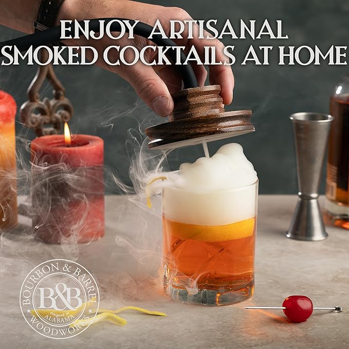 BOURBON&BARREL Cocktail Smoker Kit | Crafted with Walnut Wood | Whiskey Smoker Kit with Instant Smoker, Glass Drink Topper and 4 Varieties of Wood Chips | Old Fashioned Drink Smoker [Walnut]