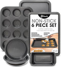 Perlli Baking Set 6 Nonstick Carbon Steel Oven Safe Gray PTFE PFOA Free Bakeware - Cookie Sheet, 2 Rounds, 12 Cup Muffin Pan, Roaster & Loaf Pan
