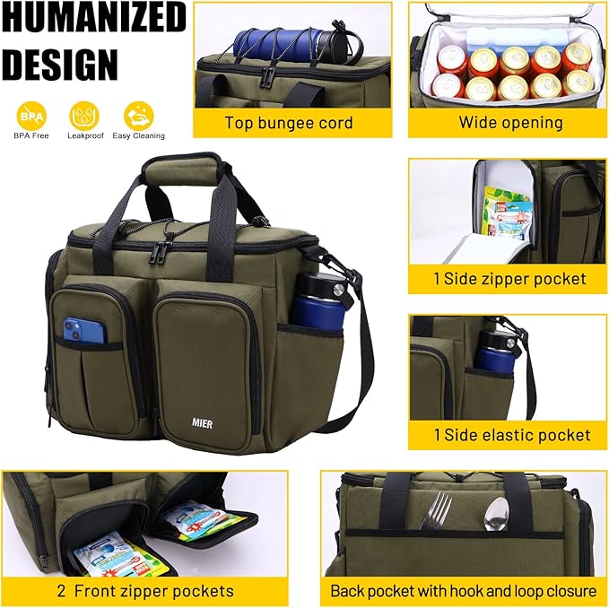 MIER Lunch Box for Men Heavy Duty Insulated Lunch Bag 20 Cans Large Leakproof Soft Cooler Bags with Multiple Pockets for Picnic Work Travel (Army Green)