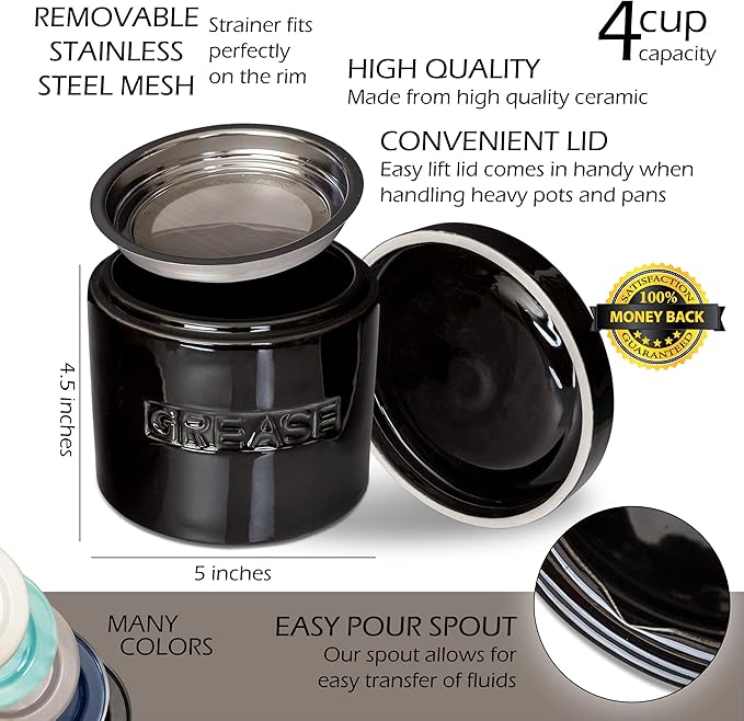 Bacon Grease Saver with Strainer - Ceramic Grease Container 1L Storage Canister | Holds Bacon Fat Drippings | Oil Keeper for Kitchen Counter Storage