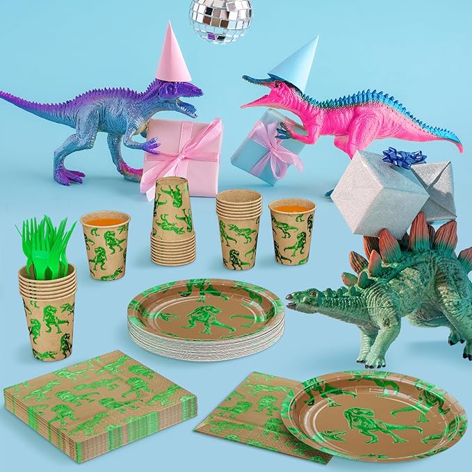 DYLIVeS Green Foil Dinosaur Birthday Party Decorations, Rawr Dinosaur Disposable Tableware Set with 9'' Dinner Plates, Napkins, Cups, Forks - Serves 24