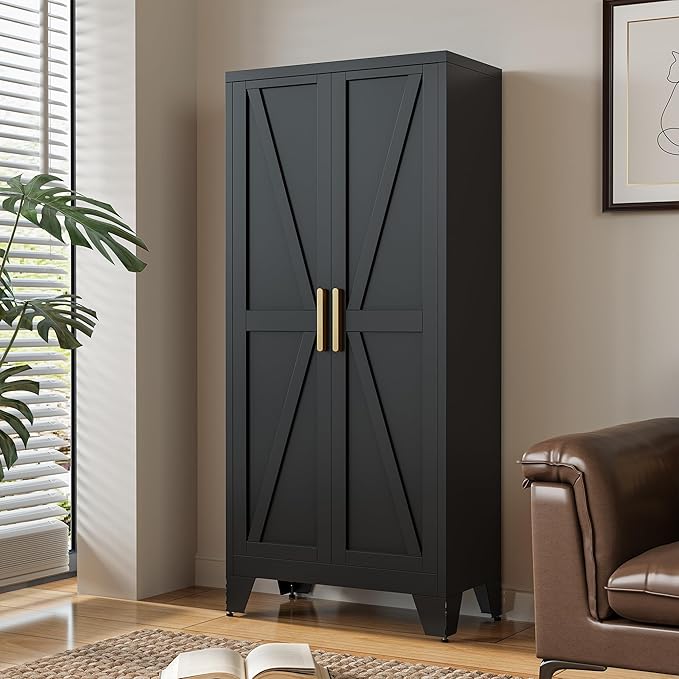 61" Tall Metal Storage Cabinet with 2 Doors and 3 Adjustable Shelves, 4-Tier Kitchen Pantry Storage Cabinet for Kitchen, Living Room, Dining Room and Office, Black