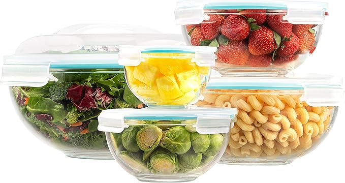 EatNeat 5‑Piece Glass Food Storage Bowl Set with Locking Lids – Airtight, Nesting, Stackable Bowls – Oven, Microwave Safe – Great Gift for Meal Prep, Salads, Leftovers, Baking & Cooking