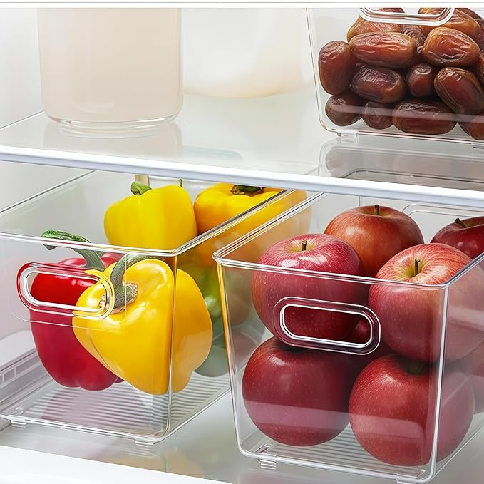 Clear Pantry Organizer Bins, Storage Containers & Plastic Containers with Handle, Cabinet Organizer, Home Organization Must Haves for Kitchen, Laundry Room, Office, Closet & Freezer (6 Pack)