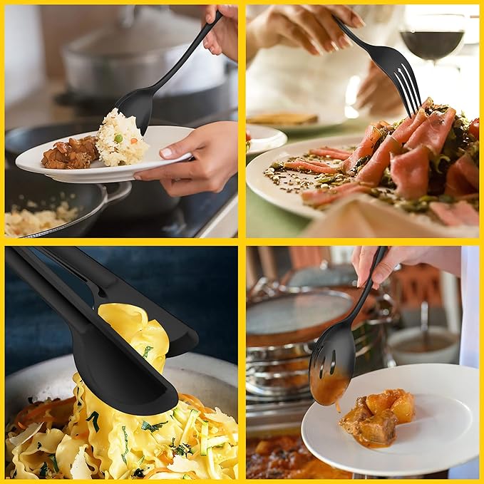 Large Black Serving Utensils Set of 12, E-far Stainless Steel 9.8 Inch Serving Spoons Slotted Spoon, 9.9 Inch Forks, 9.4 Inch Tong for Buffet Catering, Mirror Finish & Dishwasher Safe