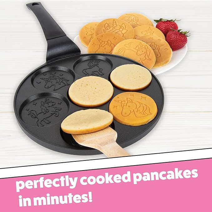 Unicorn Mini Pancake Pan - Make 7 Unique Flapjack Unicorns, Nonstick Pan Cake Maker Griddle for Holiday Breakfast Fun & Easy Cleanup, Magical Xmas Treat or Gift for Kids Party- Easy to Use Long Handle