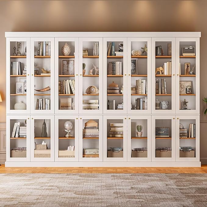 70.8" Bookshelf with Glass Doors, Farmhouse Modular Bookcase with 6-Tier Adjustable Shelves, Large Storage Cabinet for Living Room & Home Office, Set of 3, White