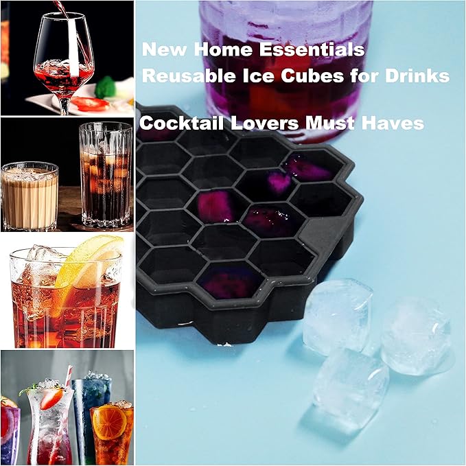 Ice Cube Trays for Freezer with Lid-Silicone Ice Cube Tray with Lid Ice Maker 4 Pack Black,Easy-Release Reusable Ice Cube Coffee Scoop for Coffee Bar Accessories