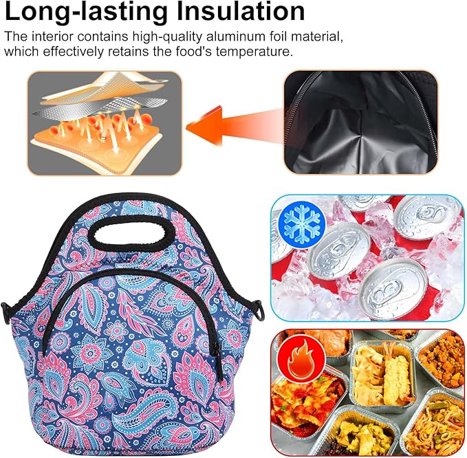 CILLA Neoprene Lunch Bag for Women Insulated Lunch Tote Bags Washable Lunch Container Box Picnic Lightweight Meal Prep Bags(Cashew+)
