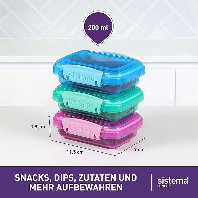 Sistema Lunch Collection Food Storage Containers, 6.7 oz./0.2 L, Pink/Green/Blue, 3 Count