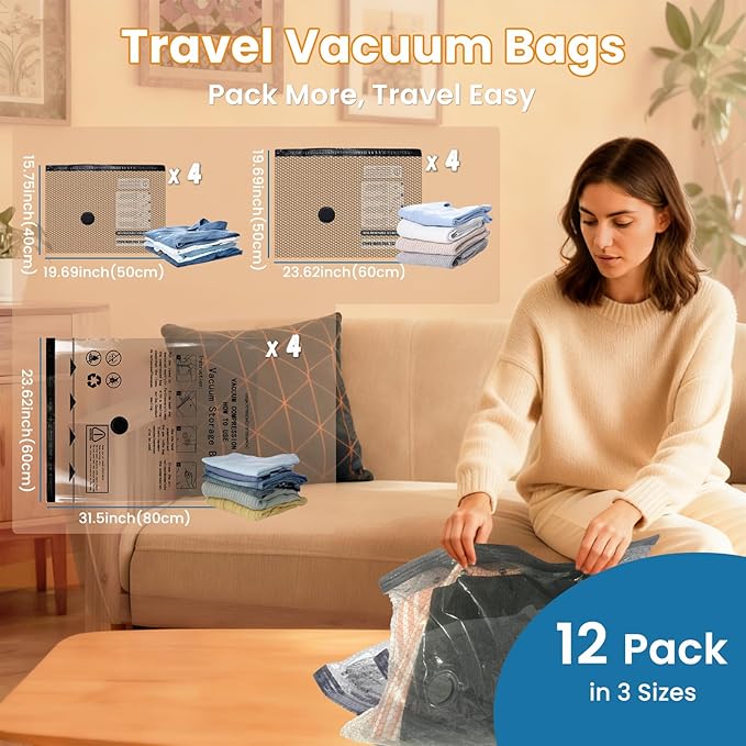 Vacuum Bags for Travel with Rechargeable Electric Pump, 12 PCS (4S,4M,4L) Storage Bags Vacuum Sealed, Space Saver Bags Carry-on Size Compression Packing Bags for Luggage and Suitcase