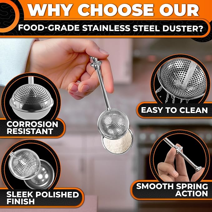 Flour Shaker Duster – 304 Stainless Steel Flour Duster for Bread Baking with Spring Handle – Cocoa, Cinnamon, Spices & Powdered Sugar Shaker Duster with One-Handed Operation | Dishwasher Safe