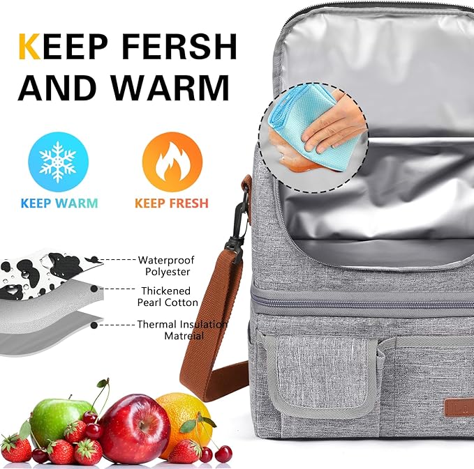 LOKASS Lunch Box for Women-Double Deck Insulated Adults Lunch Bag with Removable Shoulder Strap- Cute Wide Open Lunch Tote for Work/Office/Picnic/Beach/Travel (Gray)