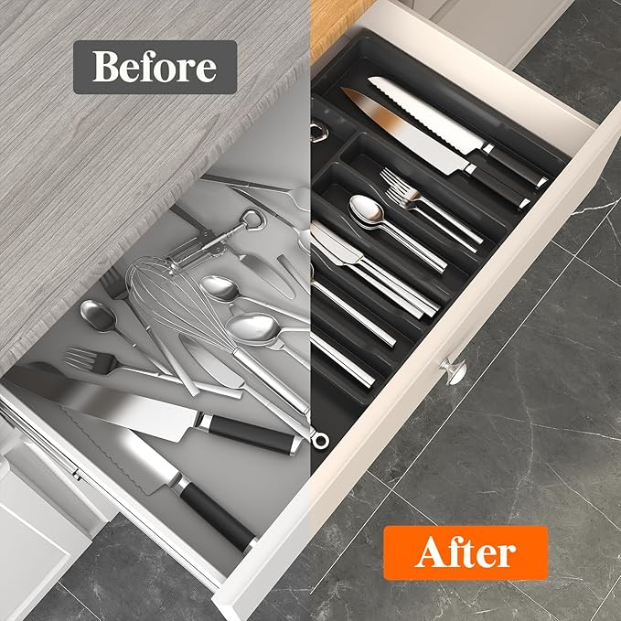 Lifewit Silverware Drawer Organizer and Utensil Organizer Set, Expandable Cooking Cutlery Tray for Kitchen, Adjustable Plastic Flatware Holder Storage Divider for Spoons Forks Knives, Large, Black