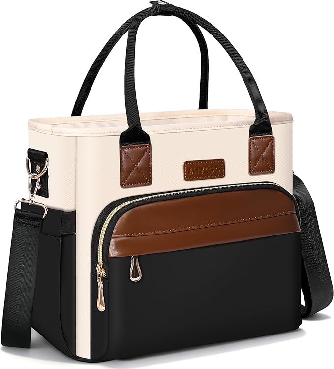 Lunch Bag Lunch Box Women - Leakproof Insulated Lunch Cooler Bag for Women - Large Lunch Tote Bags Adults, Black with Off White with Brown