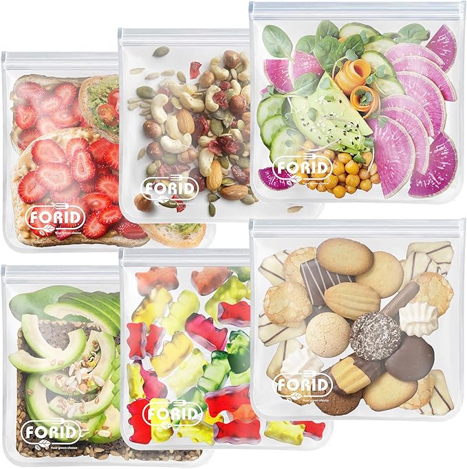 FORID Reusable Gallon Freezer Bags, 6 Pack Extra Thick Gallon Reusable Bags, Leakproof Food Storage Bags for Marinate Food, Fruit Cereal Sandwich Snack Meal Prep Travel Items Home Organization Storage