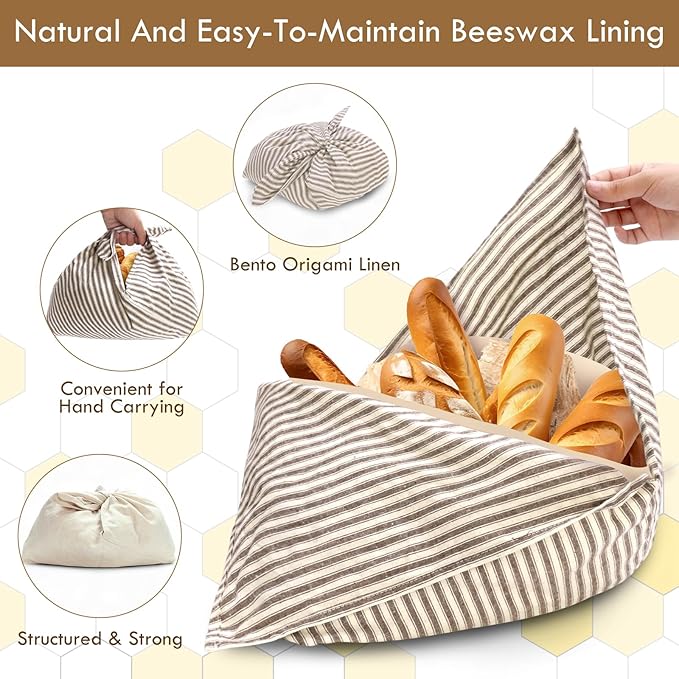 yeload 2 Pack Beeswax Bread Bags, Striped Linen Bento Bags, 14" Cotton Loaf Bag, Reusable Organic Food Storage, Sourdough Bag, Rustic Farmhouse Azuma Bukuro Origami Wrap for Baked Gifts (Red, 2)