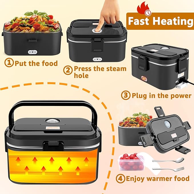 Nifogo Electric Lunch Box for Adults 80W 1.8L, Faster Heated Lunch Box for Men, Portable Electric Lunch Boxes Food Heater 12V/24V/110V Heating LunchBox for Car/Truck/Work with Bag(1.8L-Black)