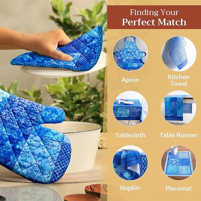 Maison d' Hermine Oven Gloves 100% Cotton Oven Mitt 7" x 13" with Loop Heat Resistant, BBQ, Cooking Gloves, Baking, Grilling, Kitchen, Handling Hot Pans Spring/Summer (Pack of 1, Indigo Love)