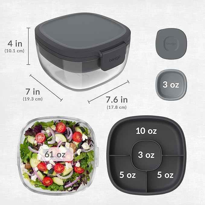 Bentgo Glass All-in-One Salad Container - Large 61-oz Salad Bowl with Lid, 4-Compartment Bento-Style Tray, 3-oz Sauce Container, and Reusable Fork - Dishwasher, Microwave, and Oven Safe (Dark Gray)