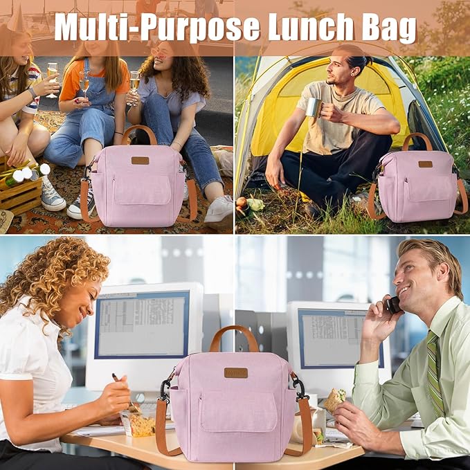 Joymee Lunch Bag Women Insulated Lunch Box Reusable Leakproof Large Spacious Cooler Tote for Women Men Adult with Bottle Holder and Side Pockets for Work Office Travel Picnic -08 Pink