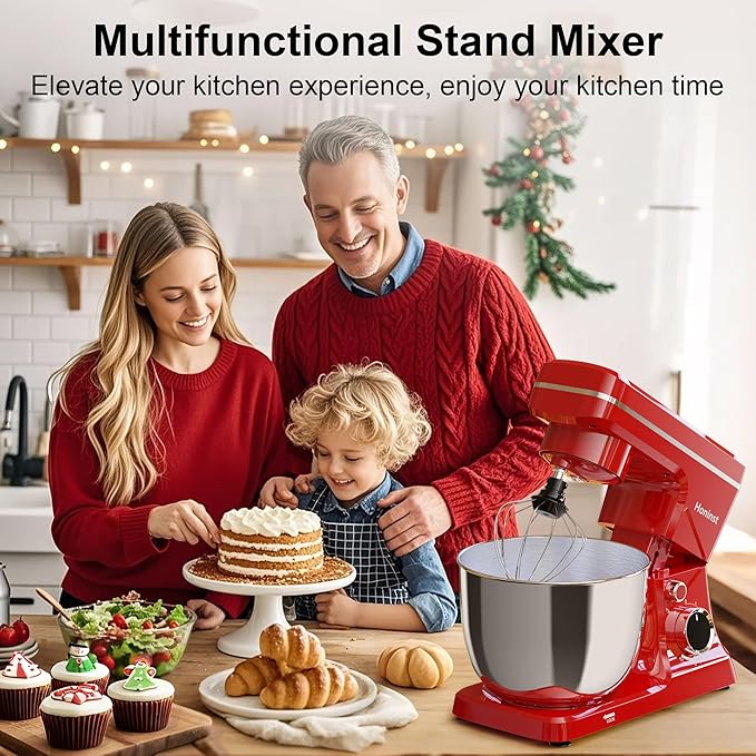 Stand Mixer, 10-Speed Kitchen Electric Mixer, 6QT Food Mixer with 8-in-1 Splash Guard, Dishwasher-Safe Dough Hook/Whisk/Beater/Spatula, Dough Mixers for Baking, Red