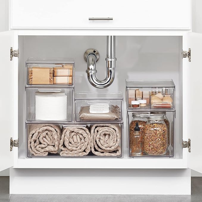 mDesign Plastic Stackable Bathroom Storage with Pull Out Bin Organizer Drawer for Cabinet, Vanity, Shelf, Cupboard, Cabinet, or Closet Organization - Lumiere Collection - 2 Pack - Clear