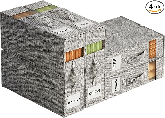 4Pack Sheet Organizers and Storage - King/Queen Size Sheet Storage Organizer with Window, Foldable & Dustproof Sheet Organizer for Linen Closet for Summer Blankets & Sheet Sets,Grey
