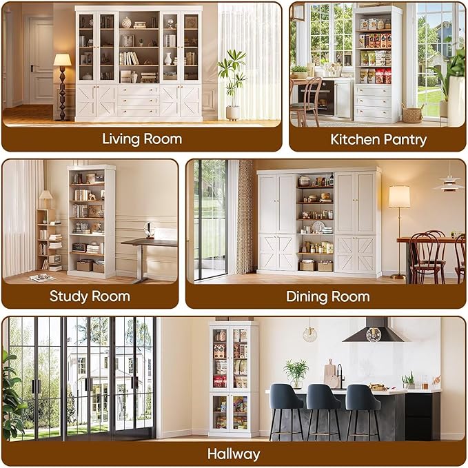 70.8" Tall Farmhouse Kitchen Pantry Cabinet with Glass Doors, Modular Storage Cabinet with 6-Tier Adjustable Shelves, White, Wooden Hutch for Kitchen, Living Room