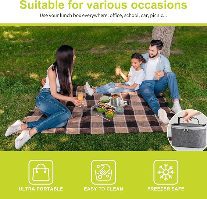 Lille Home Portable Insulated Lunch Box Set with Stainless Steel Cutlery, vacuum lunch box, to Keep Food Warm or Cool, Two Containers for Fruits and Sauces, Durable and Leak-Proof