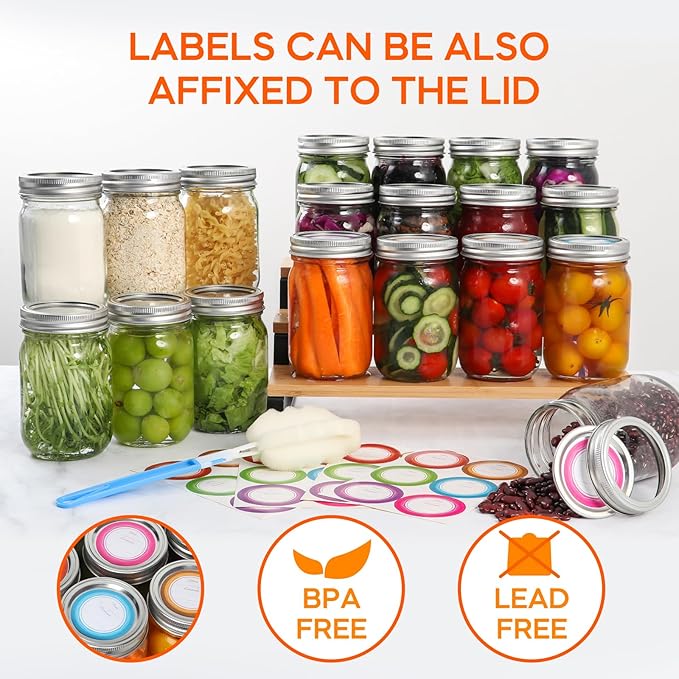 Glass Mason Jars 16 oz with Airtight Lids and Bands - 15 Pack Regular Mouth Pint Canning Jars for Pickling, Meal Prep, Overnight Oats, Dry Food & DIY Crafts - Includes 24 Stickers & Brush