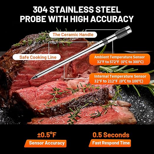 Wireless Meat Thermometer with Smart Timer & APP Control, 800ft Bluetooth Grill Food Thermometer - 0.19In-Ultra Thin Probe, ±0.5℉ Accuracy, Digital Backlit Screen for BBQ, Oven, Smoker, Kitchen