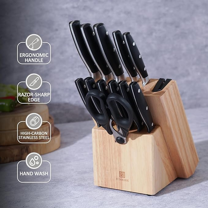Kitchen Knife Set, Professional 13 Piece Knife Set with Block and Sharpener, Sharp Chef Knife Set, Ideal for Home and Restaurants, Elegant Black