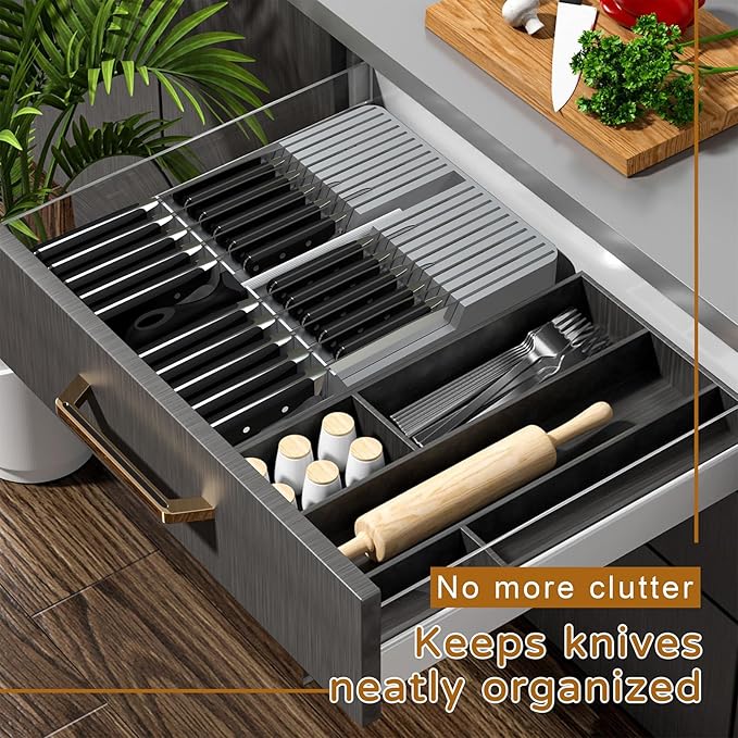 NIUXX Knife Drawer Organizer, Large Capacity In-Drawer Knife Block Set Holds 20 Knives and 1 Sharpening Steel (Not Included), Suitable for Knife Organizer for Kitchen Drawer