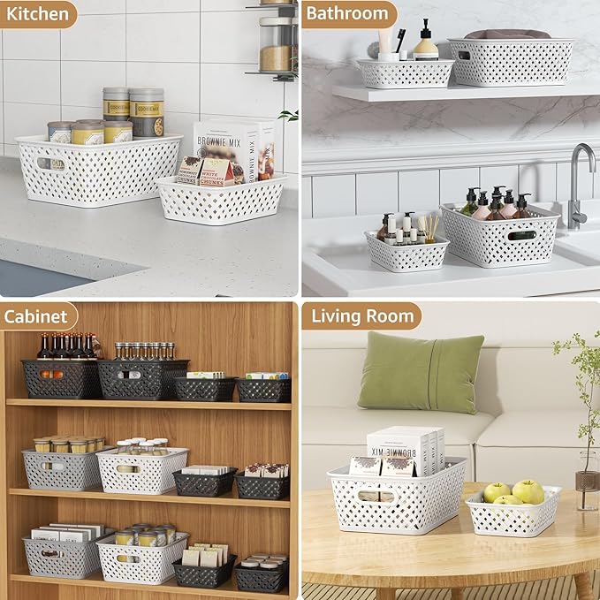 MaxGear 3 Pack Plastic Storage Bins, White Medium Size, Polypropylene Material, Lacquered Finish