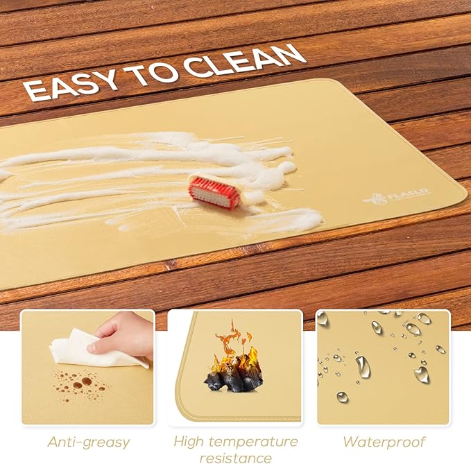 FLASLD Large Under The Grill Protective Deck and Patio Mat, 32 x 60 inches Oil-Proof, Fireproof Indoor Fireplace Mat Prevents Ember Damage Wood Floor, Khaki
