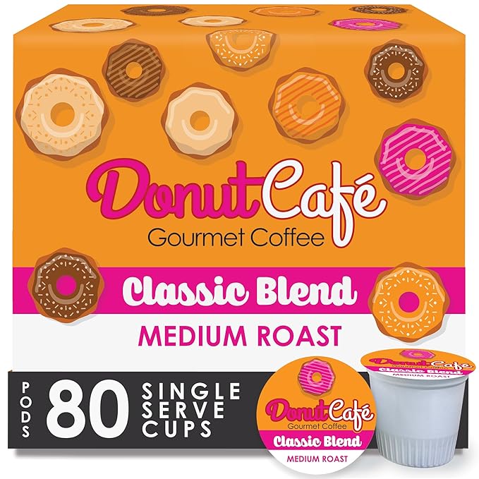 Donut Café - Coffee Gourmet Pods, Classic Blend, Medium Roast – Non-GMO, Gluten Free – Compatible with Keurig K Cup Brewers – Smooth & Delicious – 80 Count