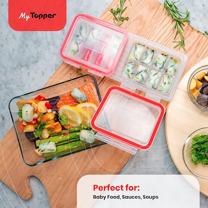 IceTopper Plus Ice Cube Tray with 2 Attached Lids - Easy Release Ice Cube Molds, 16 Cubes per Tray, Stackable & Dishwasher Safe, 100% Food Grade Silicone, BPA Free & Recyclable (4 Pack)