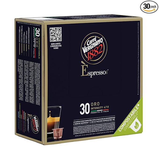 Caffe' Vergnano 1882 Medium Roast Espresso Original Line Machine Compatible Capsules, Single-Serve Arabica Robusta Espresso, Italian Coffee For Nespresso Coffee Machines, Intensity 4/10, Oro, 30 Ct
