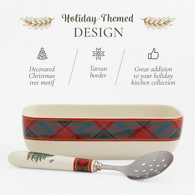 Spode Christmas Tree Tartan Cranberry Sauce Serving Dish with Slotted Spoon (8"x 4.25") - Rectangular Holiday Server with Plaid Border - Dishwasher, Microwave, Freezer Safe Serveware for Entertaining