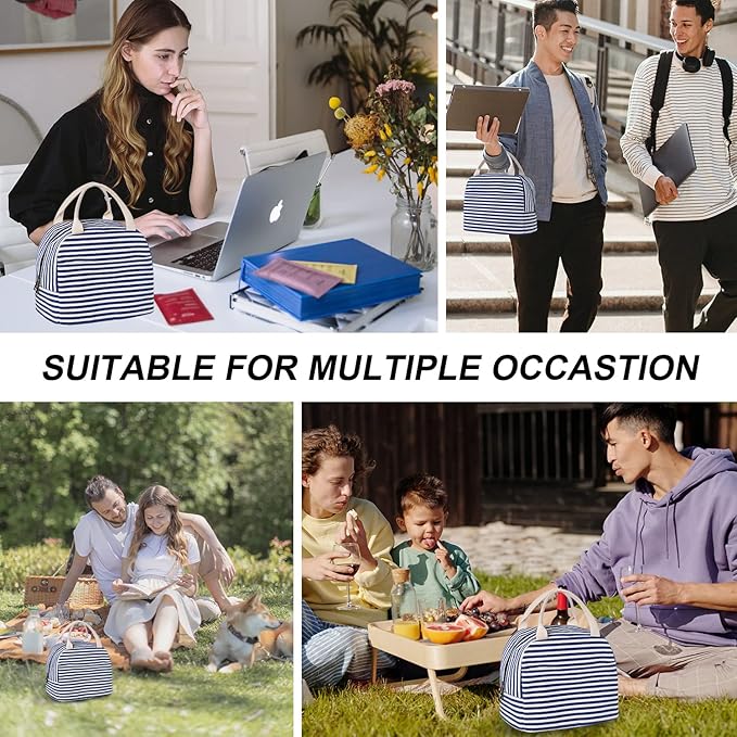 EurCross Blue and White Stripes Lunch Bag Women,Cooler Tote Bag Insulated Lunch Bento Box Bag, Canvas Portable Tote Thermal Bag for Adult Women and Men for Work