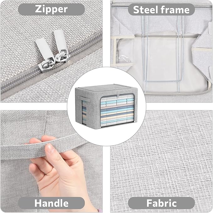 FHSQX 2 Pack Clothes Storage Bins Stackable Metal Frame Storage Box Foldable Linen Fabric Organizer with Carrying Handles and Clear Window (Light Gray, 15.7x 11.8x 7.8Inch)