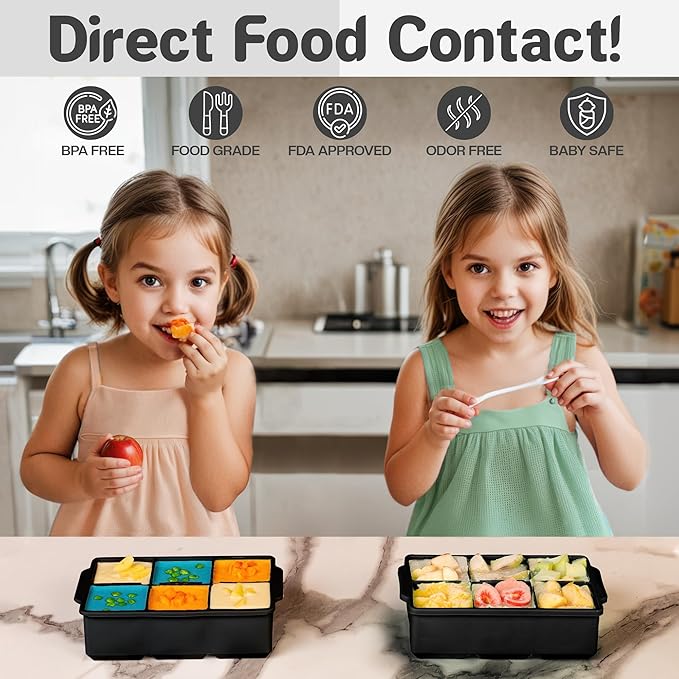 KitchFort Large Silicone Ice Cube Tray (2-Pack), Easy Release 2" Big Ice Cubes - Cocktail, Whiskey Ice Cubes Mold - Ice Trays for Freezer with Lid - Stackable Silicone Ice Tray - Black