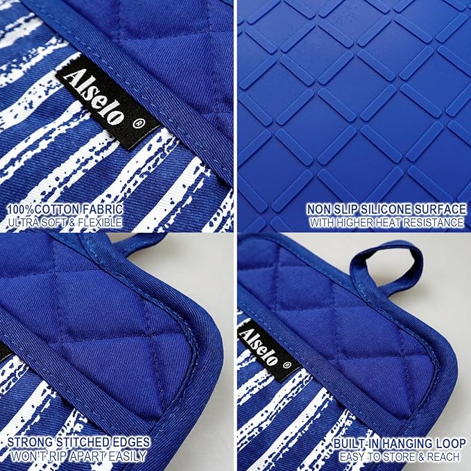 Silicone Pot Holders Set of 3 Heat Resistant & Non Slip Potholders, Professional Oven Hot Pads with Pockets Mitts for Kitchen Cooking Baking Barbecue (Cobait Blue, 3)