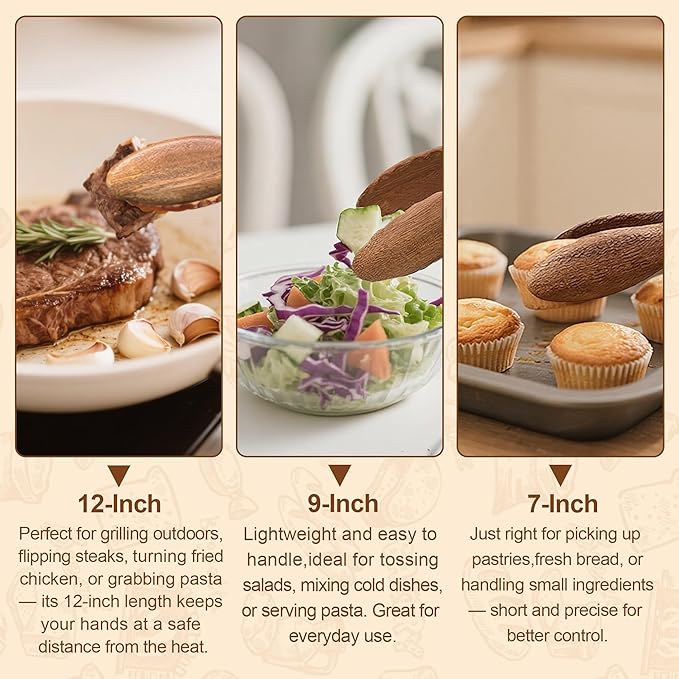 Wooden Tongs for Cooking, Multi-Purpose for Tossing Salads, Grilling, Flipping Food & Serving Bread - Strong Grip Walnut Wood Tips, Heat Resistant & Non-Deforming (9 inch)
