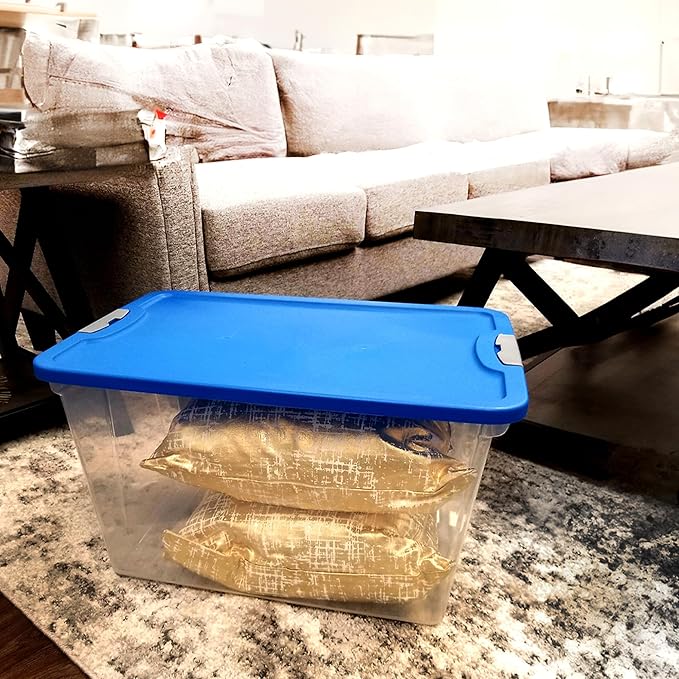 HOMZ 2-Pack Secure Latch, Clear Plastic Storage Organizer Bins, 64 Quart, Blue Lid - Stackable Container Boxes for Bedroom, Bathroom, Garage, and Office Organization